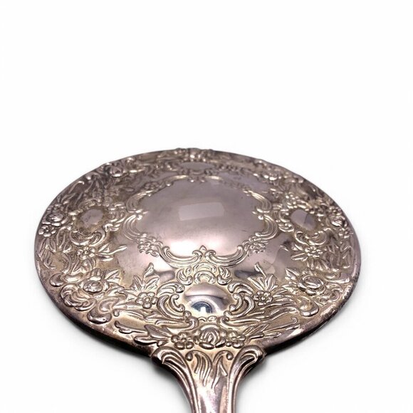 Antique Ornate Silver Handheld Vanity Mirror With Floral Engraving Etched Handle - Picture 8 of 11